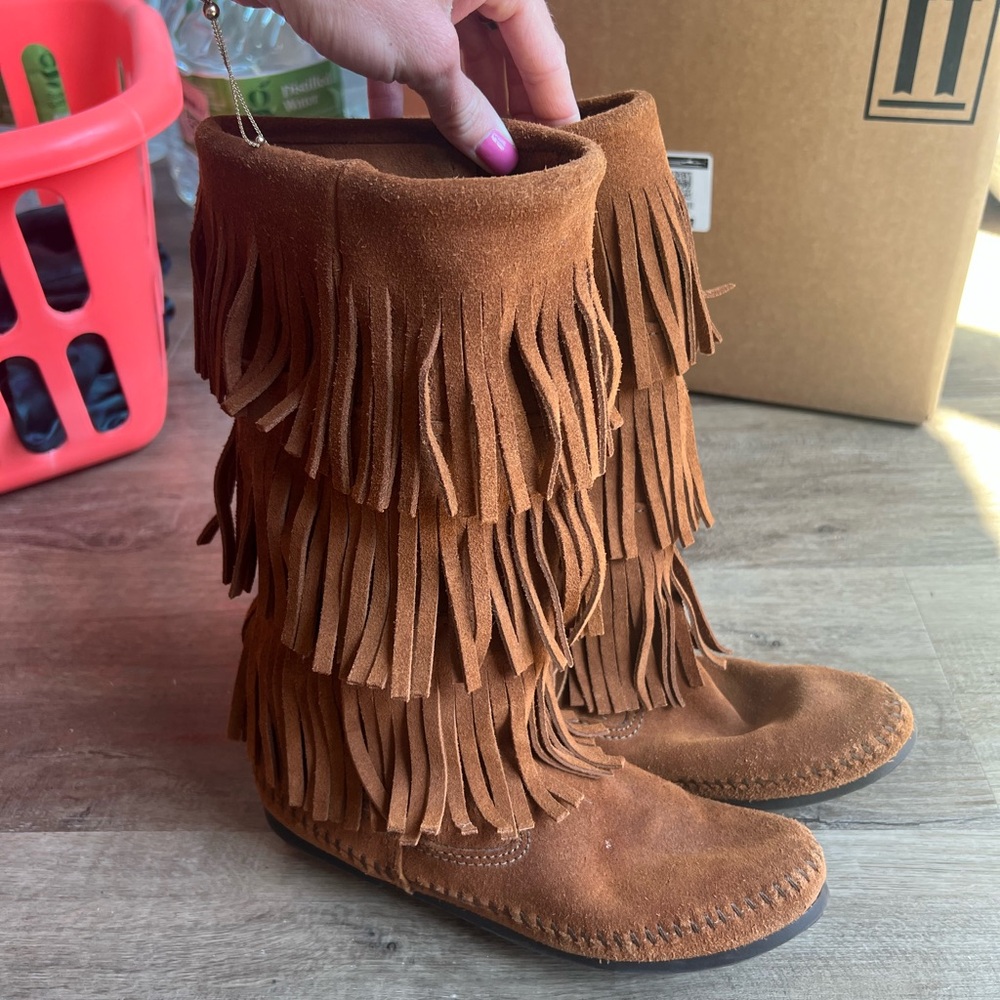 Minnetonka 3-Layer Fringe Moccasin Boots - Tan